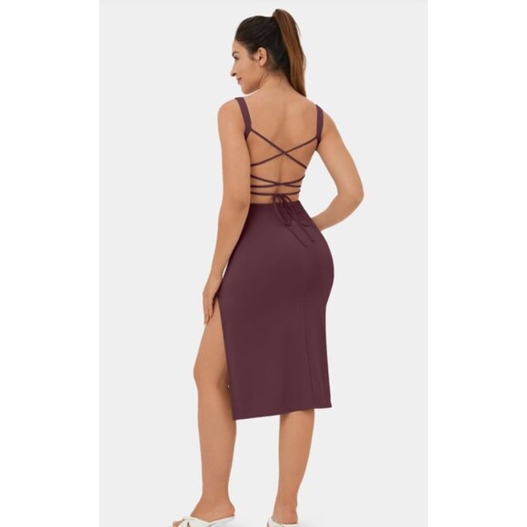 Halara Ruched Backless Crisscross Midi Dress Sz Small Womens Burgundy Lace Up Sp - Picture 2 of 7